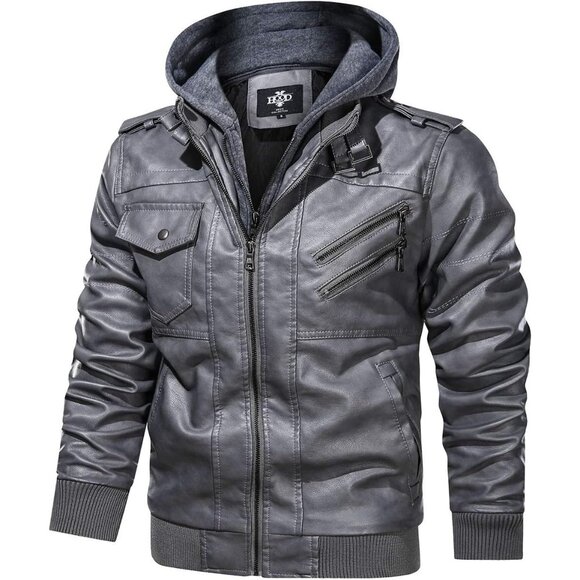 Men’s Grey Stand Collar PU Faux Leather Bomber Jacket With a Removable Hood - Picture 4 of 6